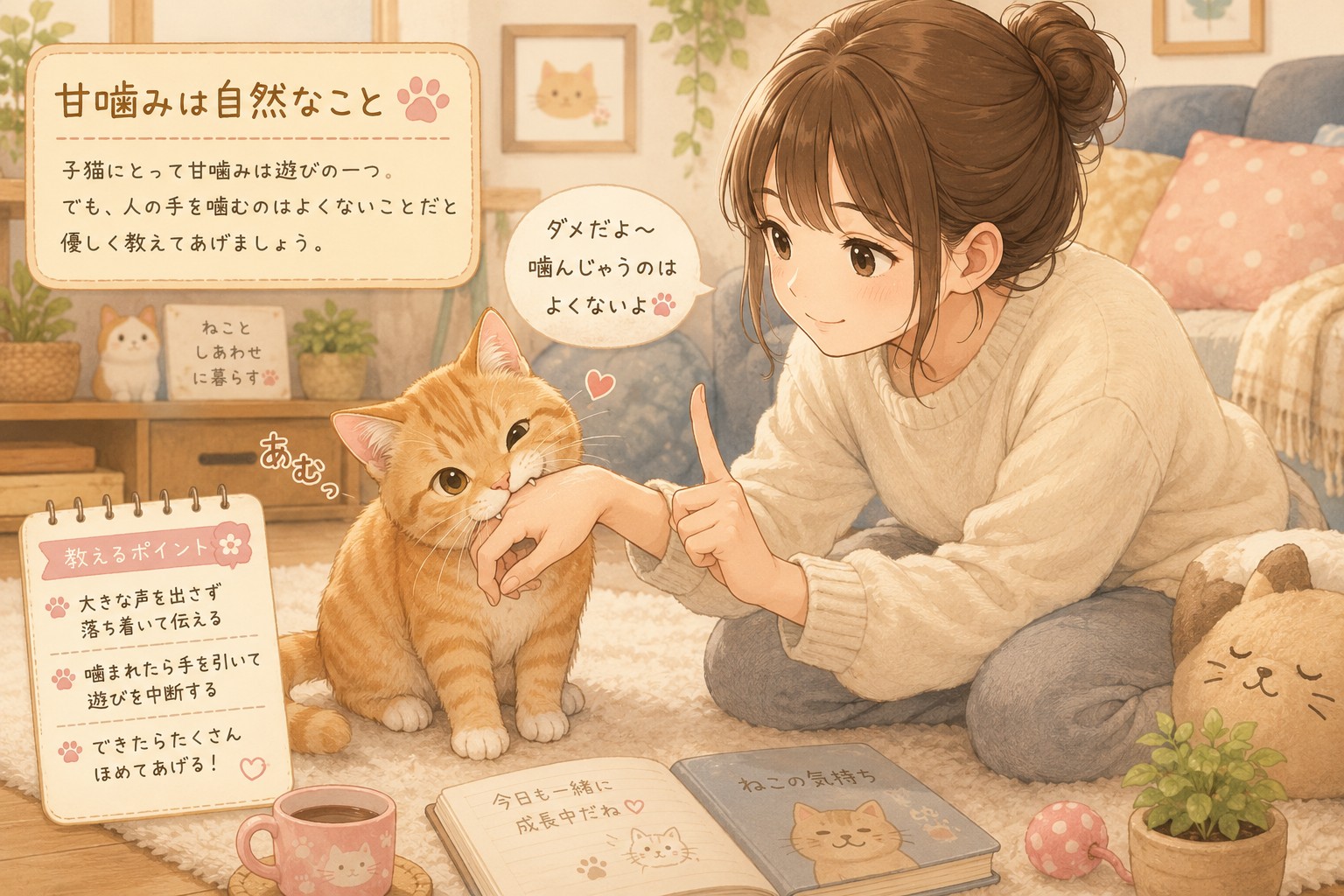 猫が噛む理由：飼い主の手を甘噛みする猫と優しく教える様子