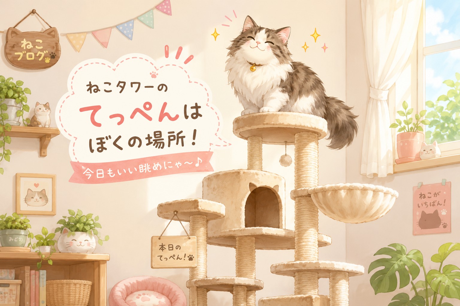 キャットタワーの選び方：高いところで満足げな猫
