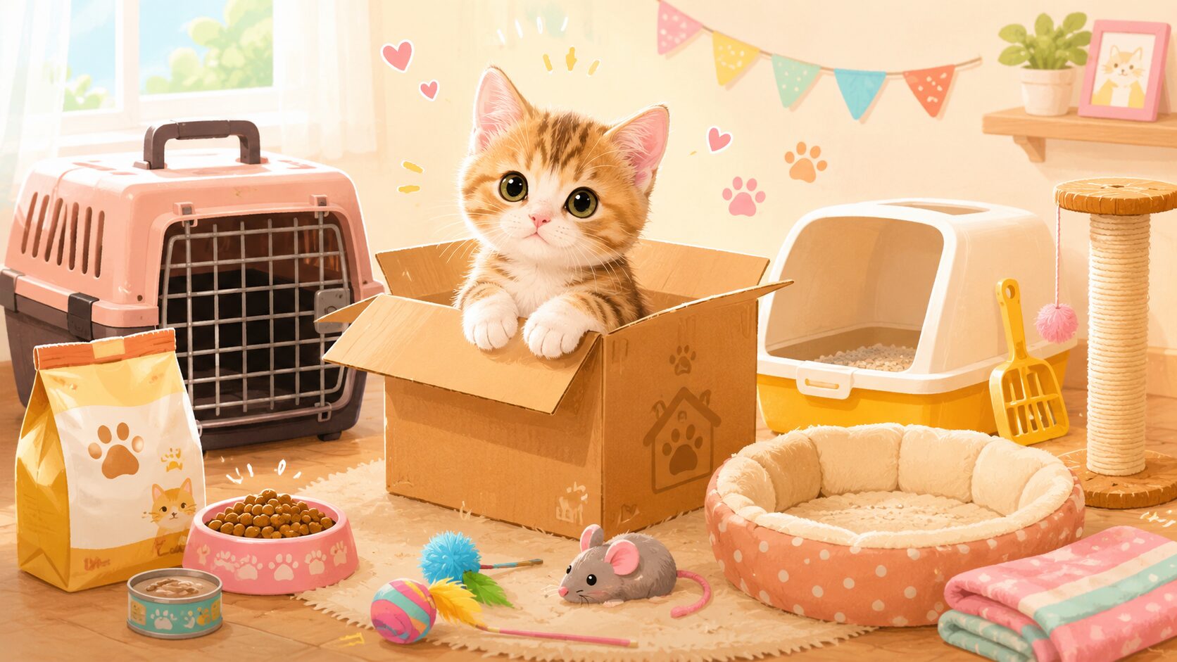 猫を初めて迎える準備：段ボール箱の中の子猫とペット用品